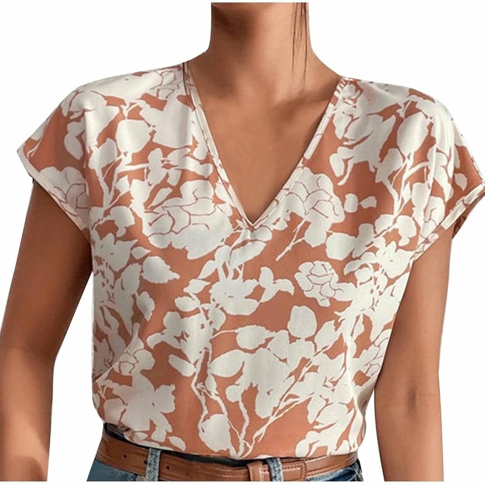 SHEIN Floral V-Neck Blouse - White and Tan Size Medium